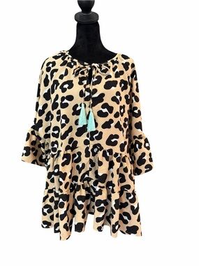 Simply Southern Beige and Black Leopard Print Peplum Tunic with Tassels sz XL